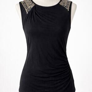 Women’s Black Shirt Size M Kenar Silver Beads Classic Dressy Rouche Side